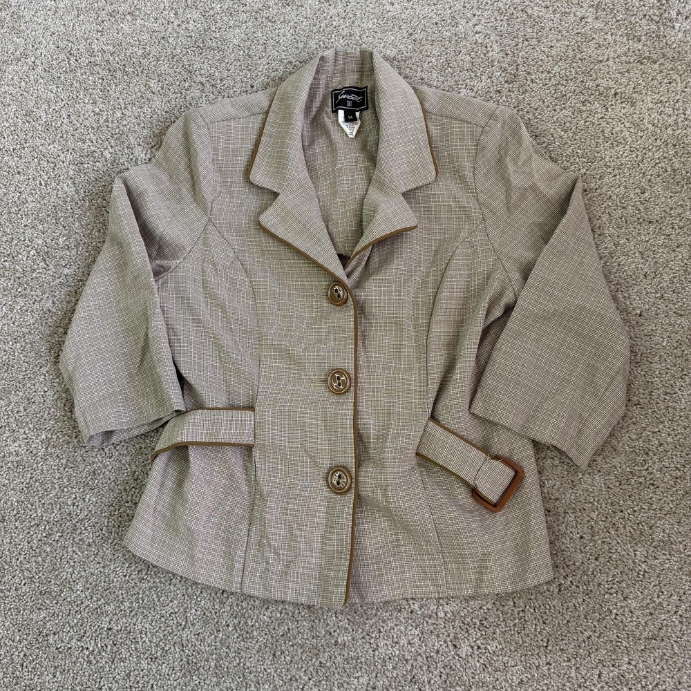 Vintage Sweet Suit Blazer Jacket Womens 14 Beige Check Belted 3 Button Career